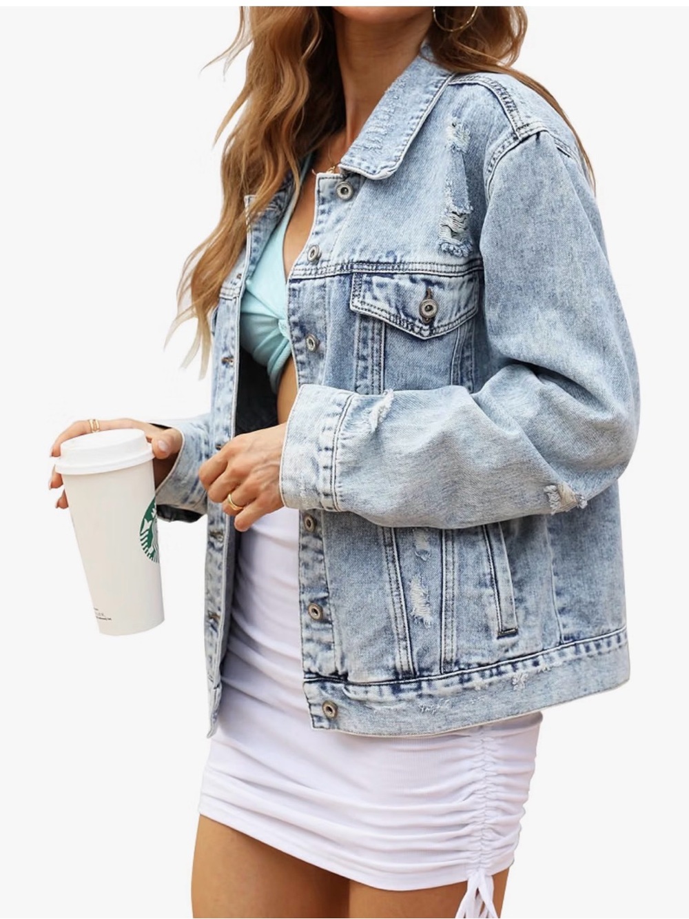Amazon Light Blue Distressed Denim Jacket for Women